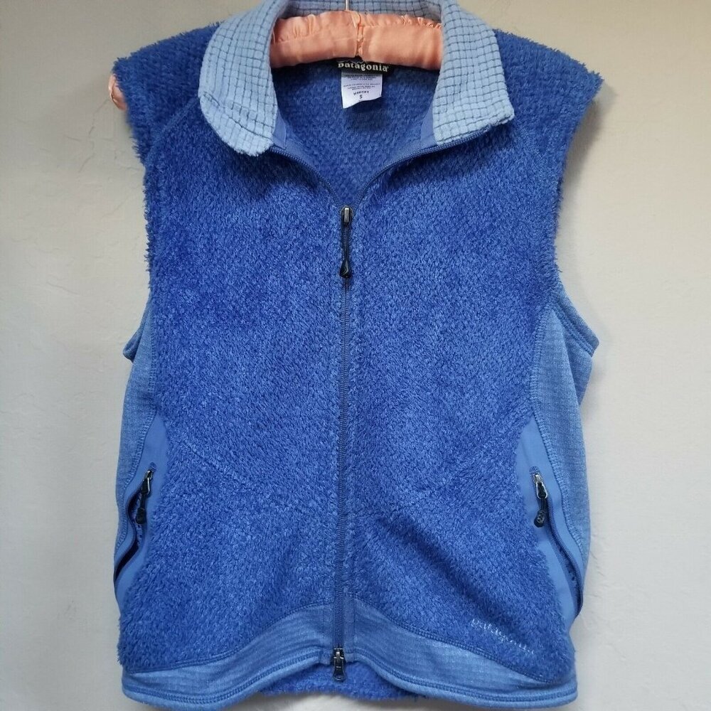 Patagonia Womens Small Faux Fur Fleece Full Zip Vest Jacket Blue Lightweight